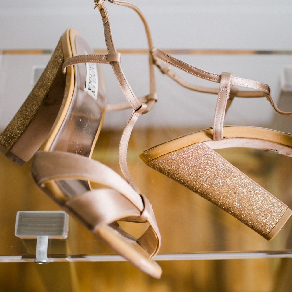 Badgley Mischka Copper Glitter Satin Block Heels 7